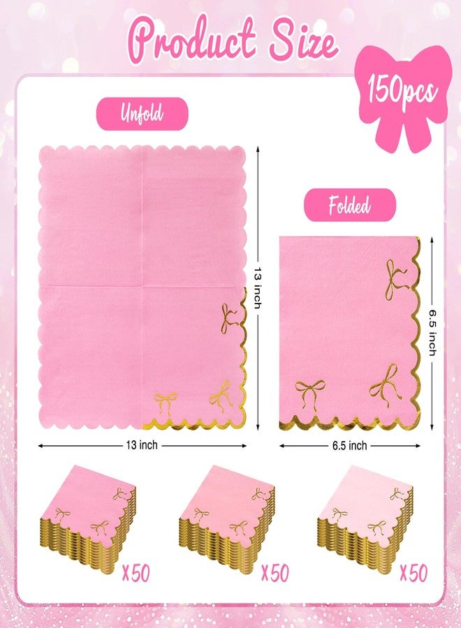 ARQRHTLY 150 Pcs Gold Bow Pink Napkins, Pink Cocktail Napkin with Gold Foil Scalloped Edges 6.5 X 6.5 Inch, Bow Paper Cocktail Napkin for Bachelorette Bridal Party Decor Girls Birthday Baby Shower Supplies - Image 2